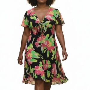 Le Bos Chiffon Dress 16WP Floral Necktie Ruffled Hem Flutter Sleeves Pullover